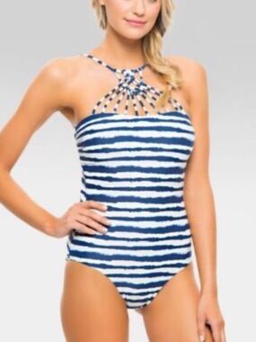 Tori Praver Swimwear Indigo Macrame Halter Striped One Piece Open Back NEW L
